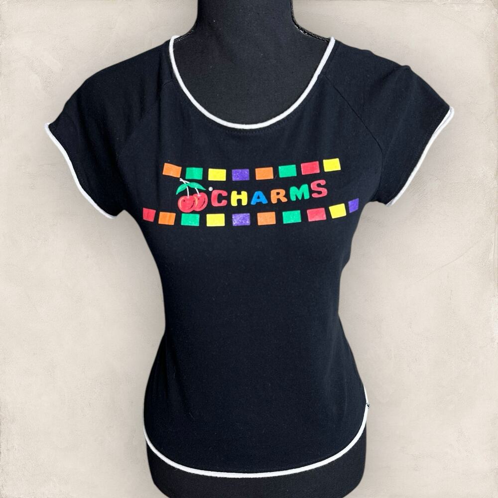 Y2K Baby Tee Vintage T-Shirt Charms Blow Pop Candy Black Rainbow Cherry Medium